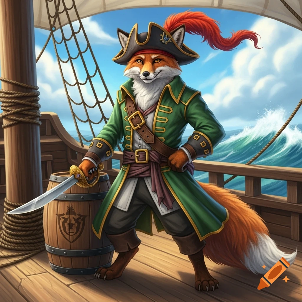 An anthropomorphic fox dressed as a pirate, holding a cutlass on a ship deck with a stormy sea in the background.