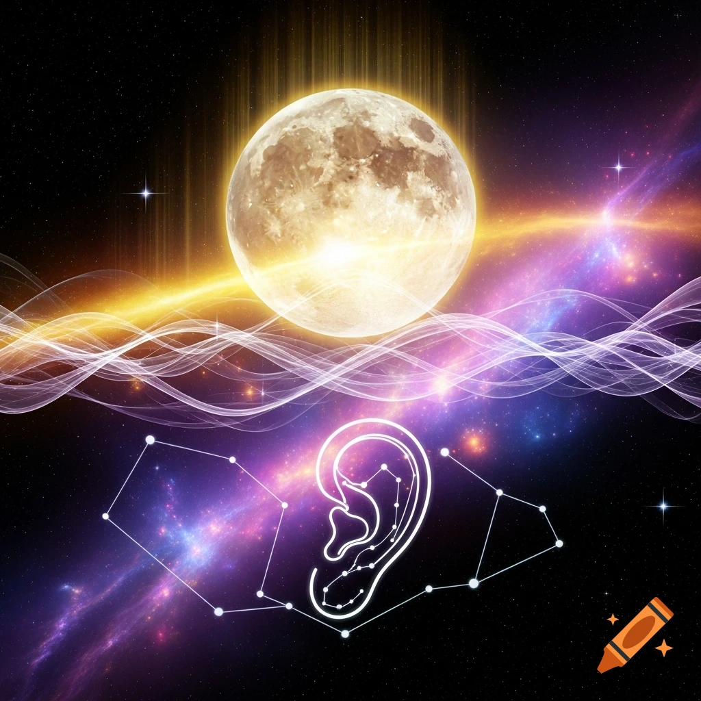 A glowing full moon against a cosmic background with colorful nebulae, wavy energy lines, and an ear-shaped constellation.