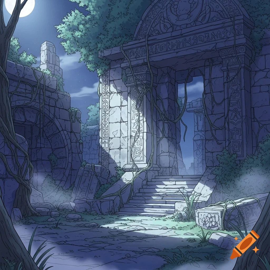 Moonlit ancient stone ruins covered in vines and trees, in an anime line art style.