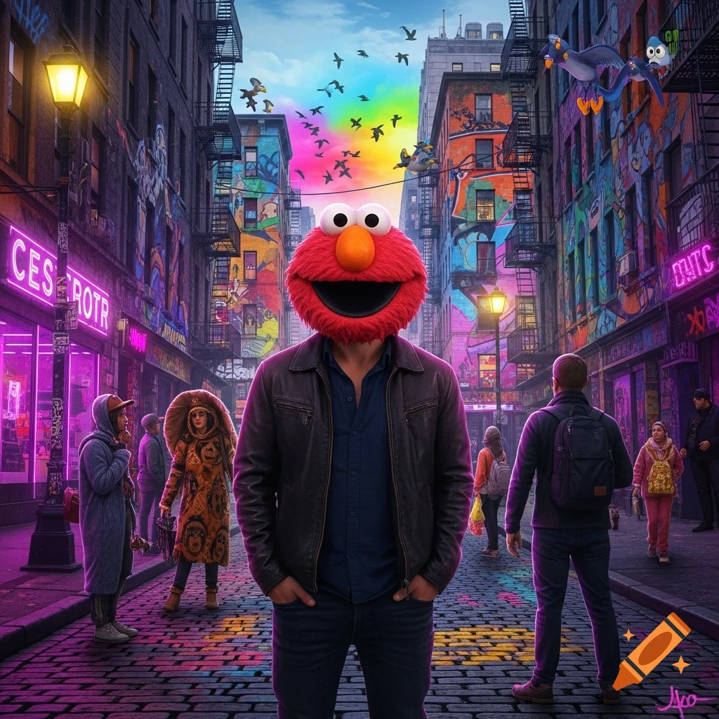 A man with an Elmo head stands on a colorful cobblestone street with graffiti buildings and neon signs under a rainbow sky with birds.