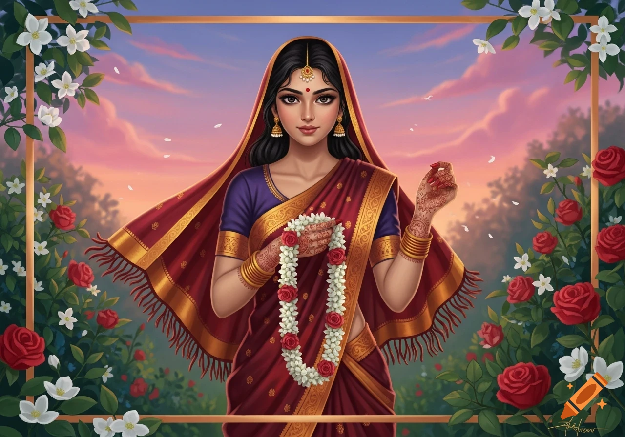 Stylized portrait of a beautiful woman in a red sari and gold jewelry, holding a rose garland, framed by flowers against a sunset sky.