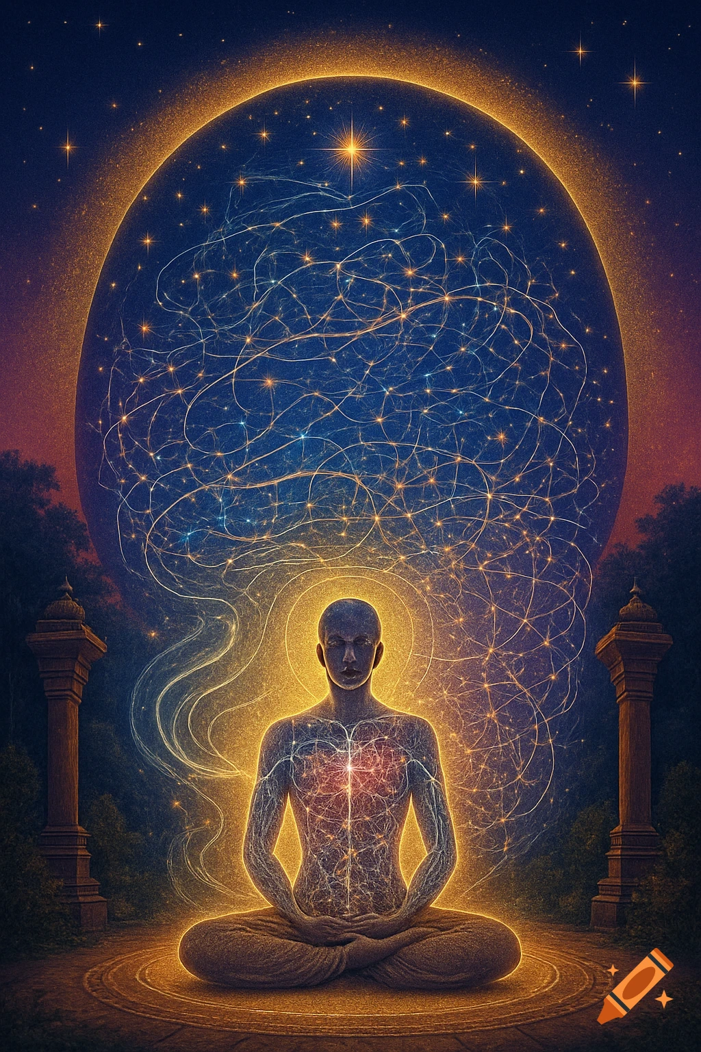A glowing figure meditates in a lotus pose, energy lines connecting them to a starry cosmic sphere in a spiritual, dark setting.
