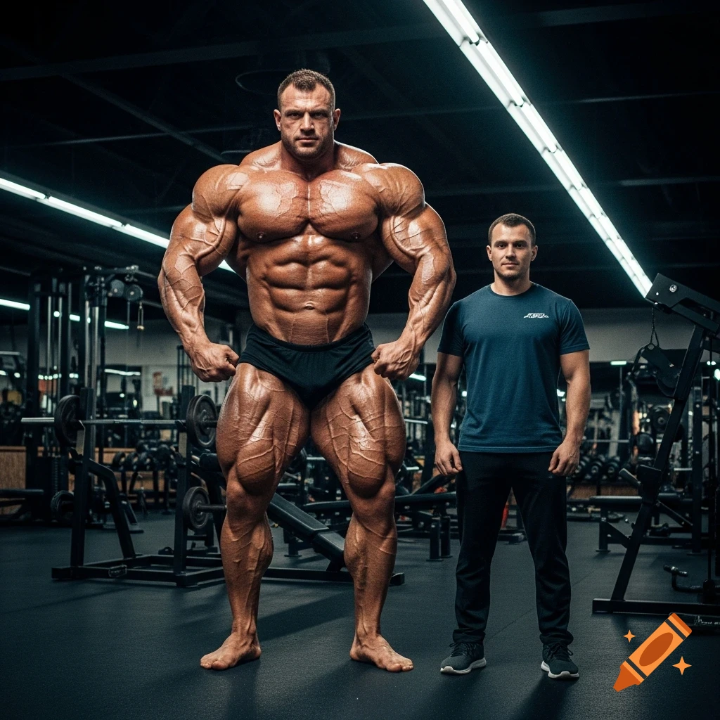 An extremely muscular bodybuilder with pronounced veins poses next to a normal-sized man in a gym, photorealistic style.