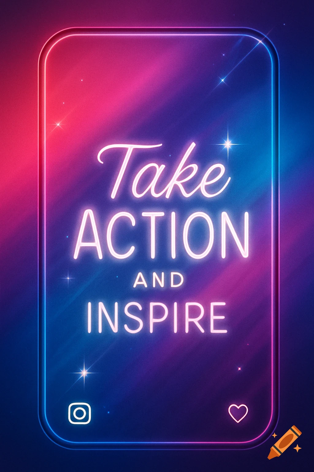 Neon sign with "Take ACTION AND INSPIRE" text inside a glowing rounded rectangle, against a pink and blue gradient background with social media icons.