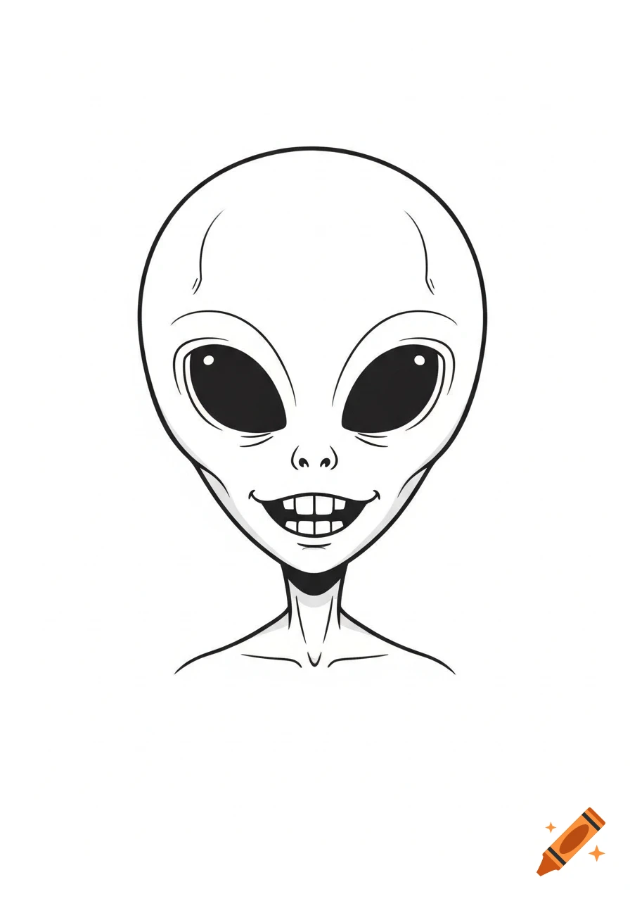 A simple black and white cartoon illustration of an alien head with a wide smile showing teeth and large black eyes.