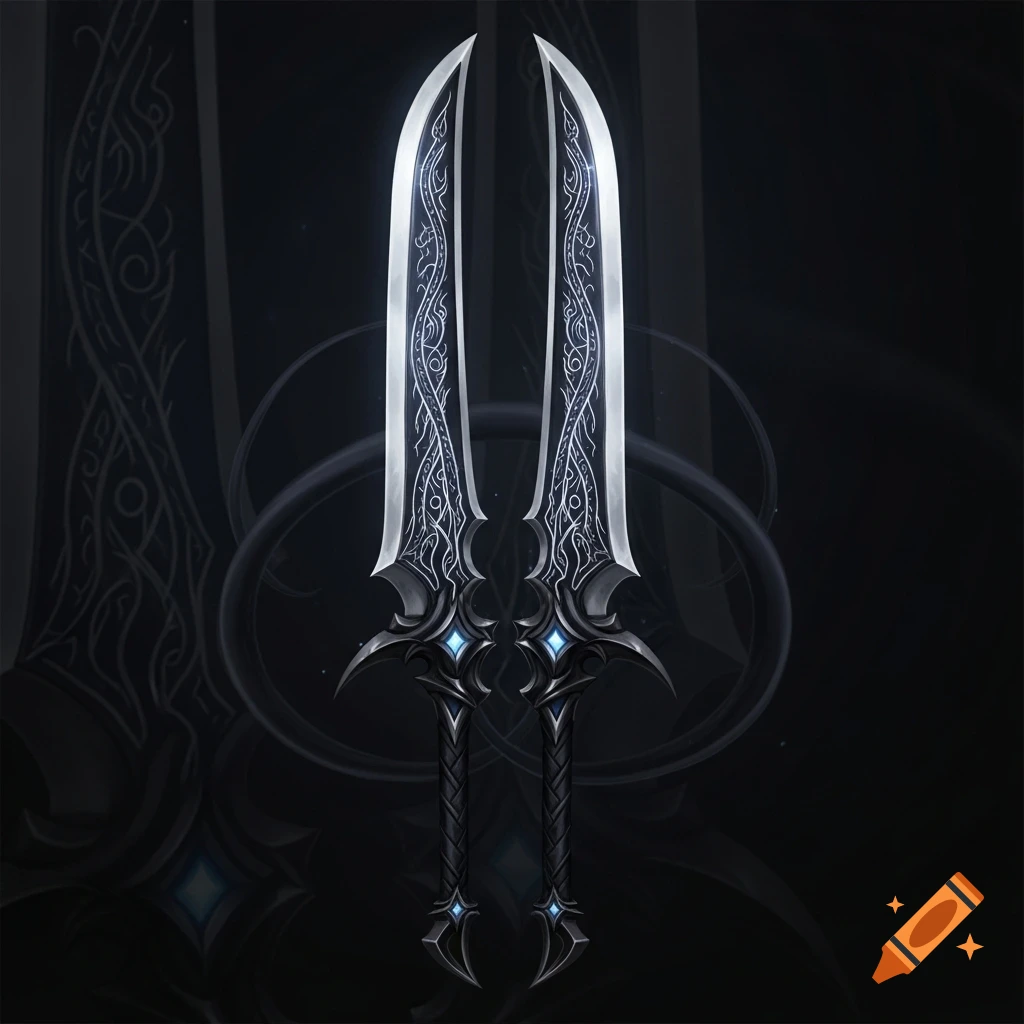 A pair of symmetrical, ornate fantasy blades with silver hilts and glowing blue accents, against a dark background with subtle patterns.