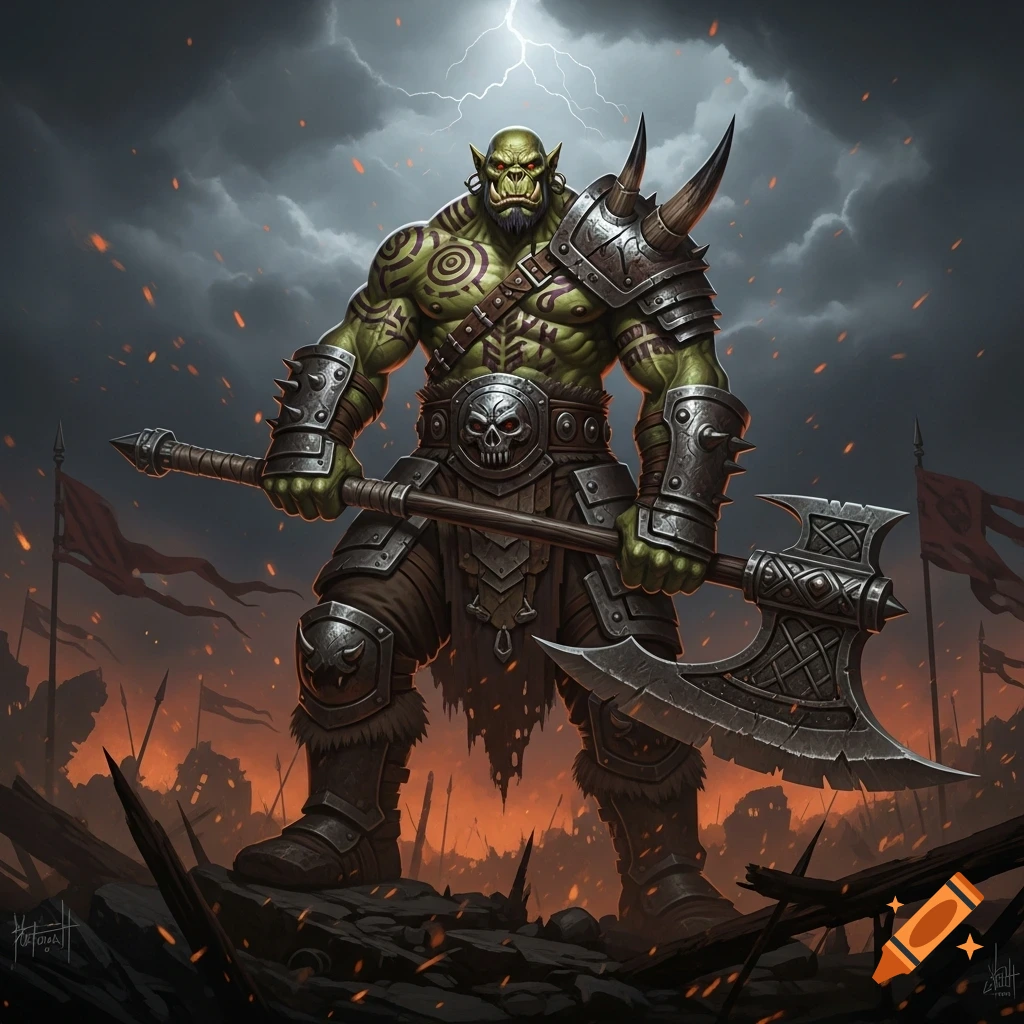 A muscular green orc in spiked armor holds a large axe, standing on rocky ground under a stormy, lightning-filled sky with a fiery battlefield behind him.