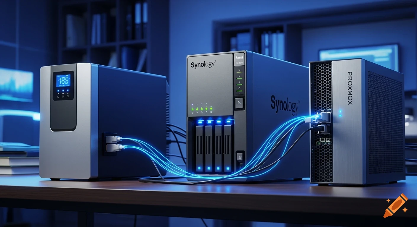 A photorealistic image of a silver UPS, a black Synology NAS, and a silver Proxmox server connected by glowing blue cables on a desk.