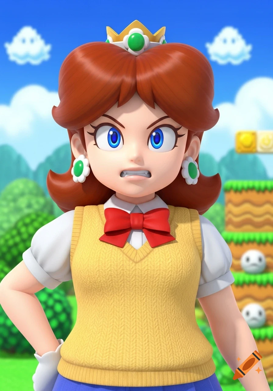 Princess Daisy with an angry expression, wearing a yellow sweater vest, red bow tie, and school uniform, in a Super Mario level.