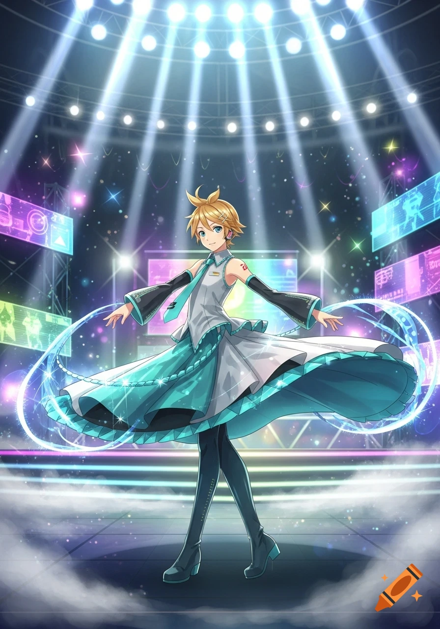 Anime character Kagamine Len in a teal and white costume dances on a brightly lit concert stage with glowing screens.