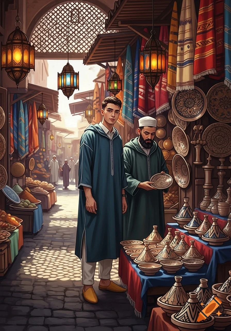 Two men in traditional attire in a Moroccan marketplace with vibrant textiles, lanterns, and pottery, in an illustrative style.