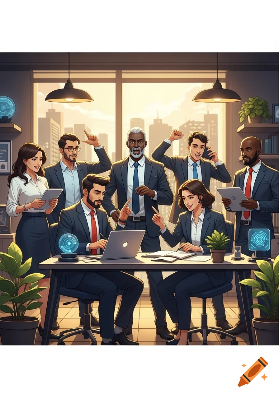 A diverse team of business professionals collaborating happily around a desk with laptops and tablets in a modern office with city views.