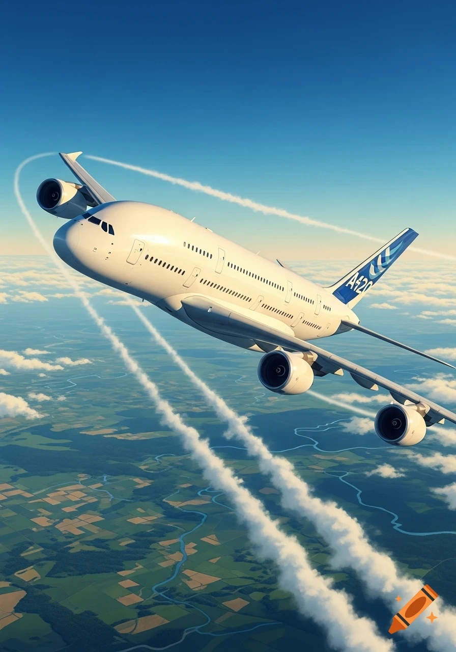 A large white passenger airplane flies high in a blue sky above a patchwork landscape of fields and rivers, leaving white contrails.