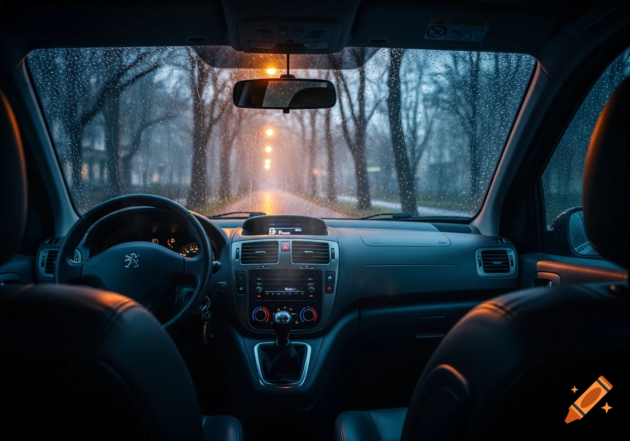 Photorealistic view from inside a car at night, looking out through a rain-covered windshield at a tree-lined street with glowing streetlights.