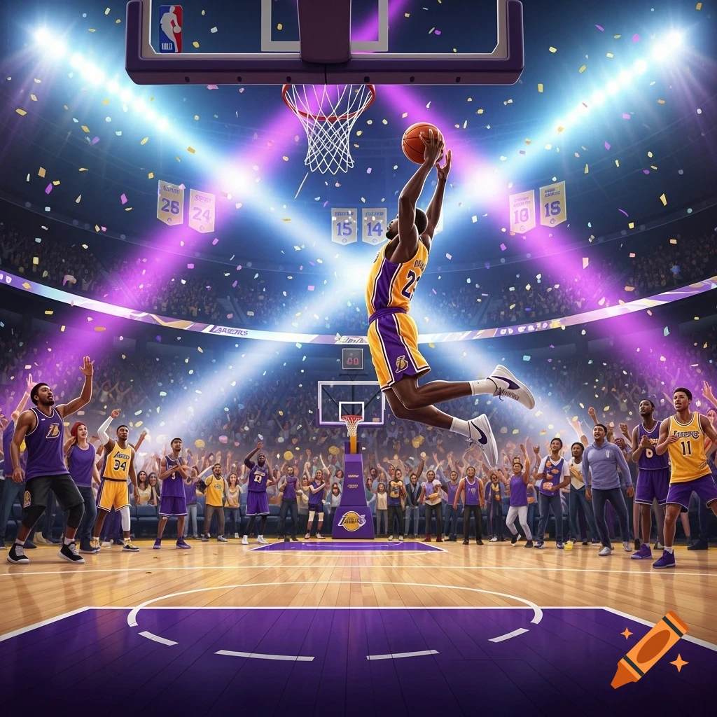 A basketball player in a purple and gold Lakers jersey dunks mid-air during a game in a packed stadium with confetti and bright lights.