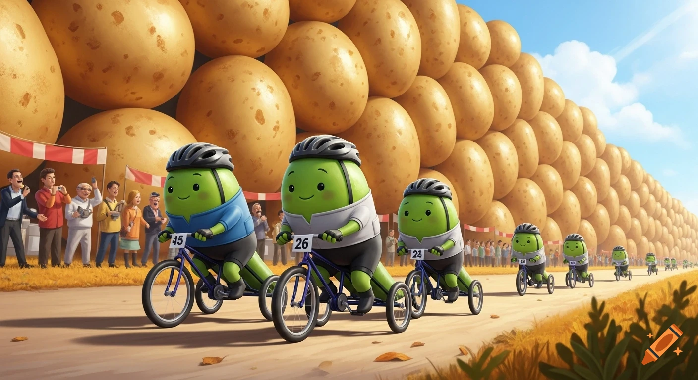 Cartoon green peas wearing helmets and race bibs ride bicycles in a race, with a crowd and a wall of potatoes in the background.