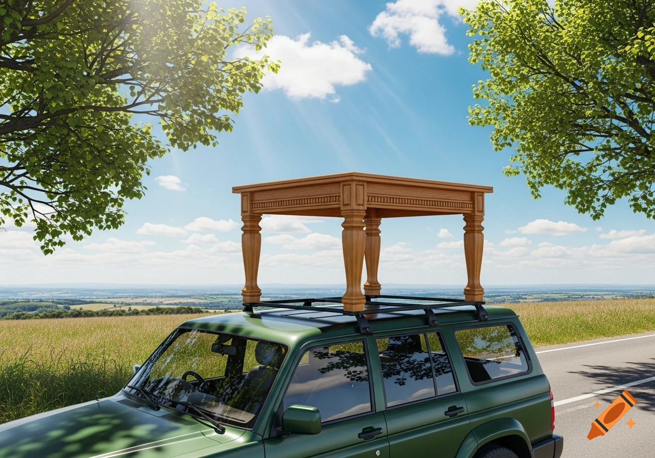 A wooden table stands on the roof rack of a green SUV on a sunny road, with trees and a landscape background.