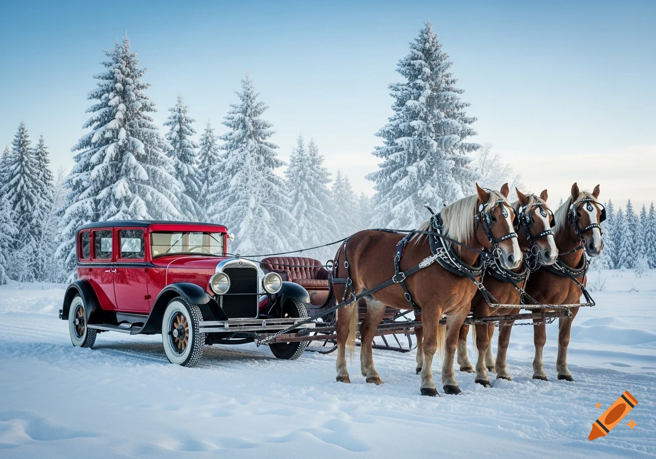 A red vintage car pulls a sleigh with three brown horses through a snowy forest.