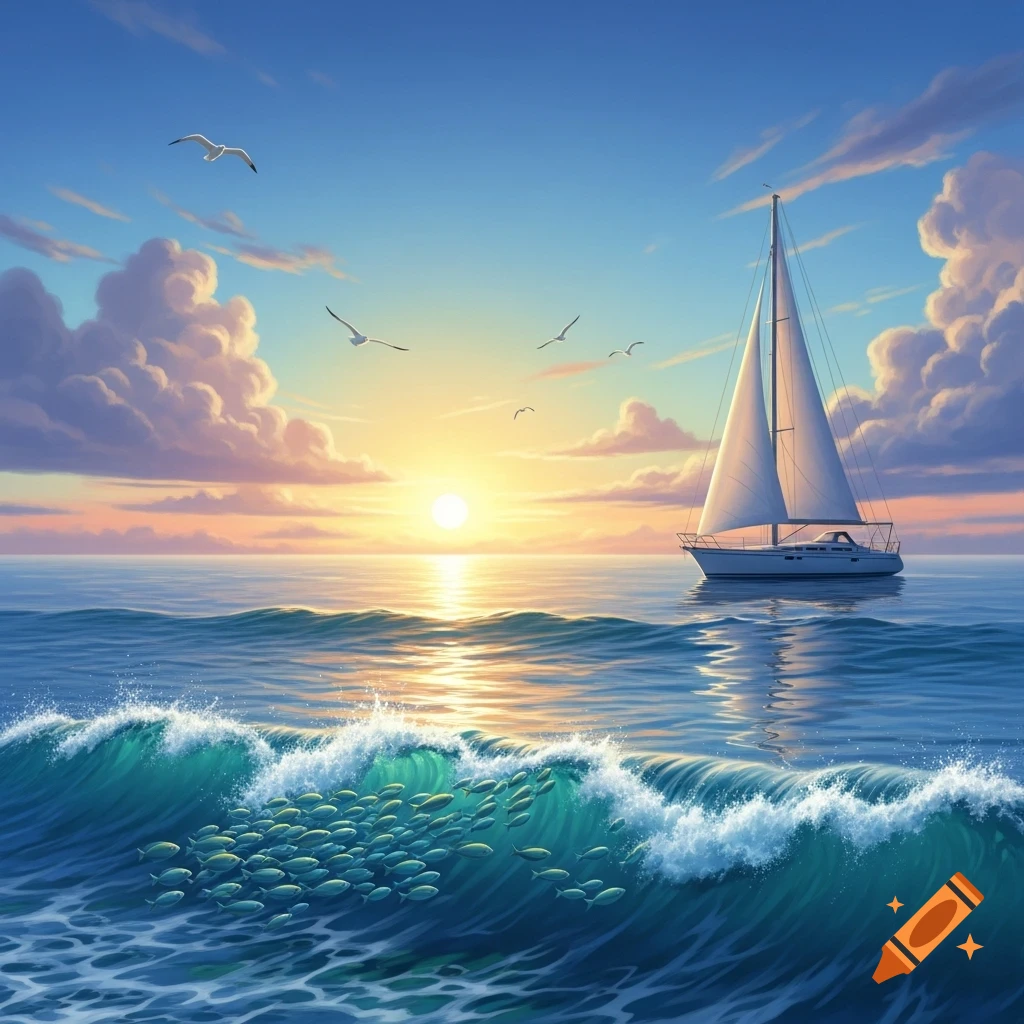 A serene ocean scene at sunset with a sailboat, crashing waves, a school of fish, and flying birds in a painterly style.