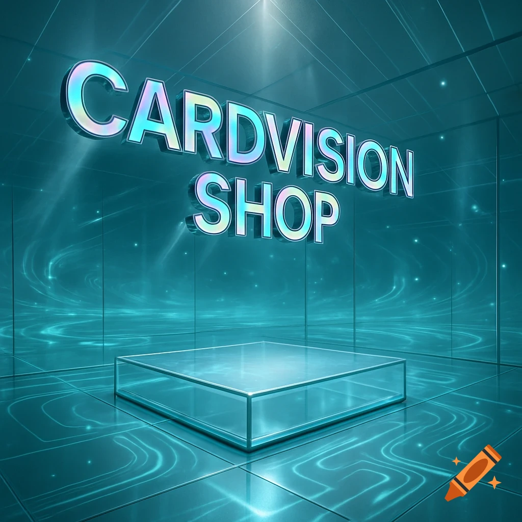 A futuristic 3D room with glowing blue light, showing 'CARDVISION SHOP' text above a clear glass display podium.