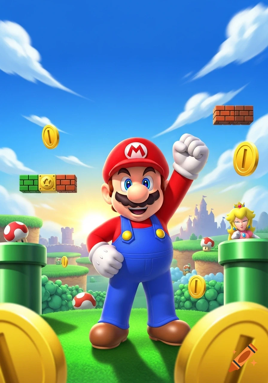 Mario raises a fist in a vibrant Super Mario Bros. world with Princess Peach, coins, and blocks under a blue sky.