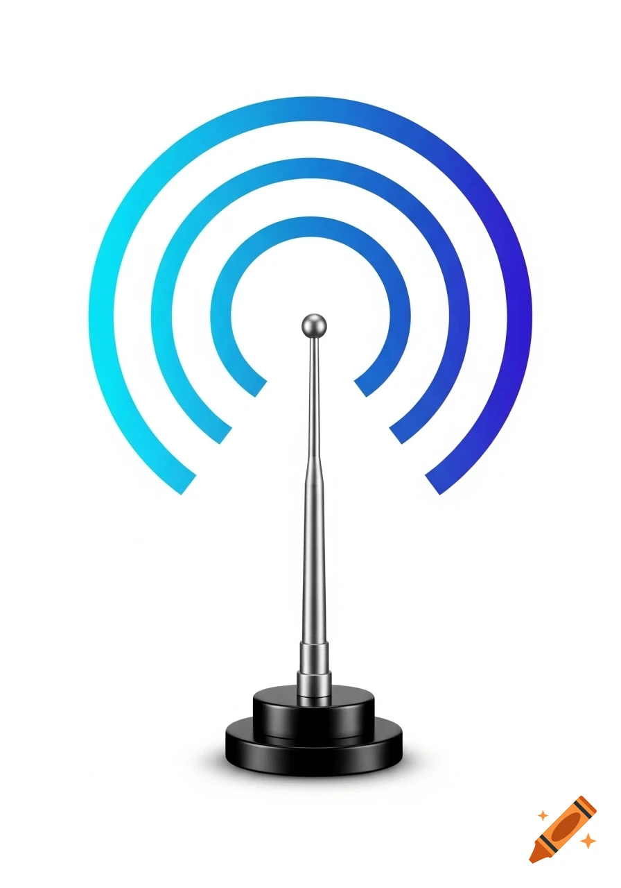 Clip art of a silver vertical whip antenna with a black base, emitting blue radiating radio waves on a white background.