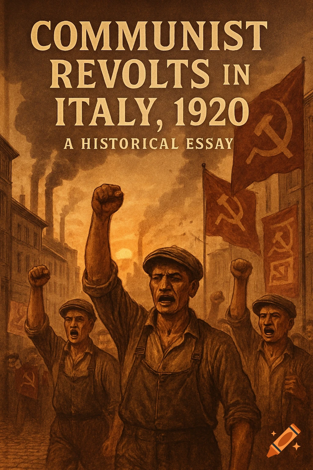 Vintage style book cover depicts protestors with raised fists and communist flags under the title 'Communist Revolts in Italy, 1920'.
