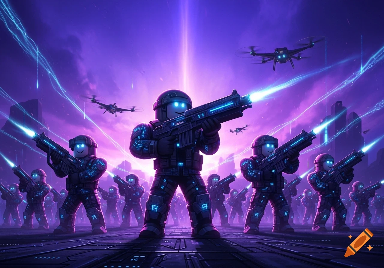 Roblox-style soldiers with glowing laser guns stand on a futuristic platform under a vibrant purple sky with drones.