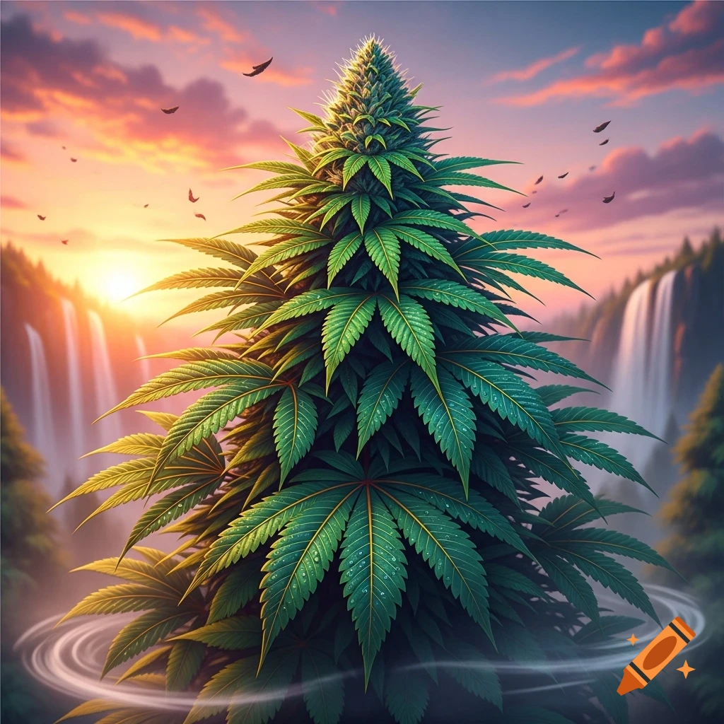 A large, lush cannabis plant with dewdrops stands prominently in a vibrant sunset landscape with waterfalls, forests, and flying birds.
