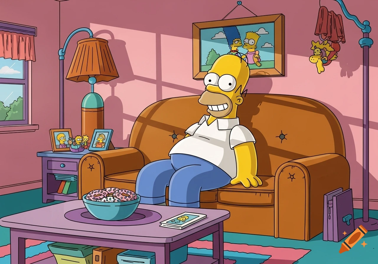 Homer Simpson sits on a brown couch in his living room, a bowl of donuts on the purple coffee table.