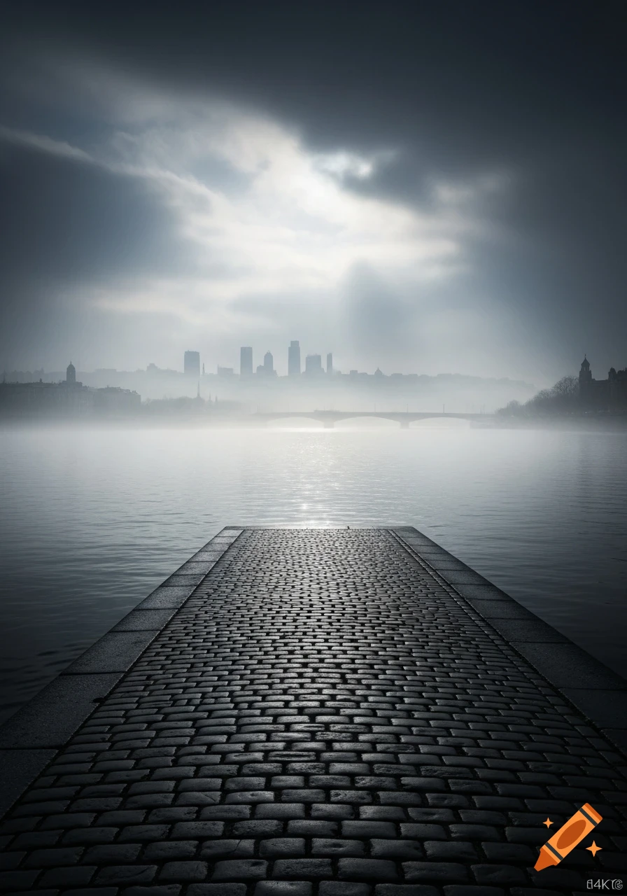 A cobblestone pier extends into a misty river towards a distant city skyline under a dramatic, cloudy sky.