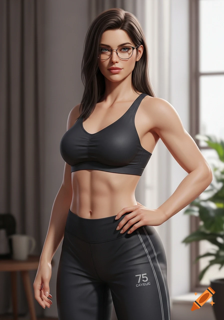 Photorealistic portrait of a woman in a black sports bra and leggings, with glasses, posing indoors.