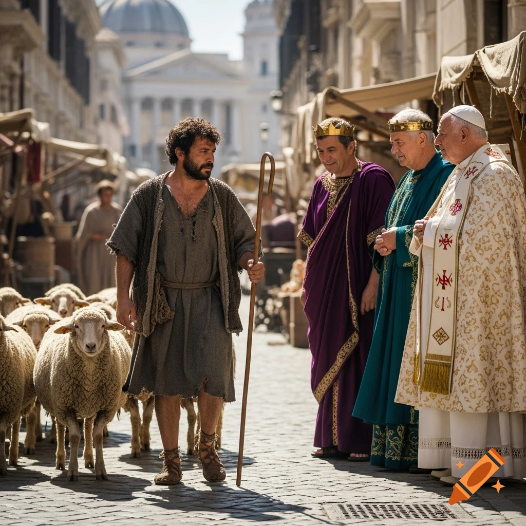 A shepherd leads his sheep on a cobblestone street in ancient Rome, watched by a king, high priest, and pope.