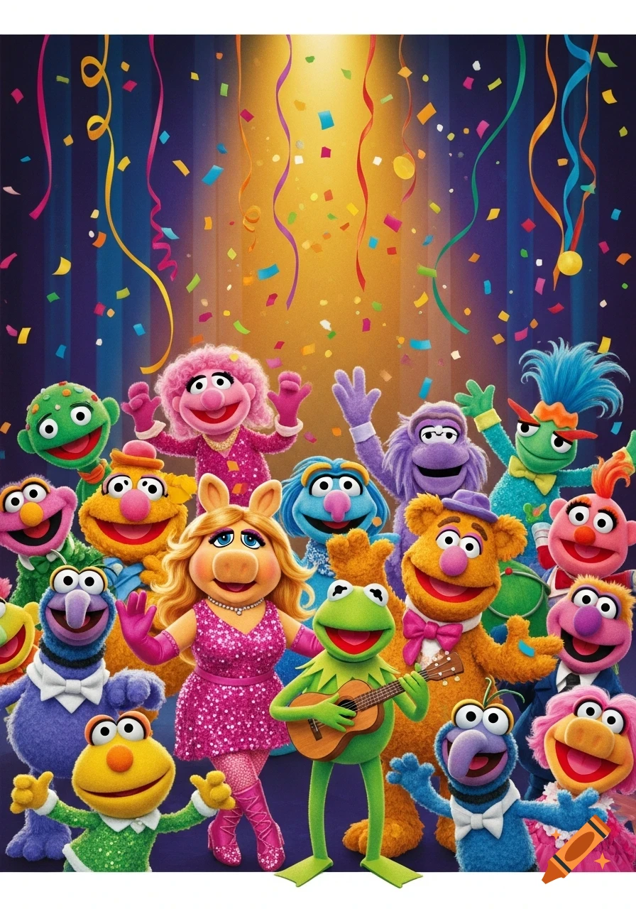 A large group of colorful Muppet characters, including Kermit, Miss Piggy, Fozzie, and Gonzo, celebrate amidst falling confetti.
