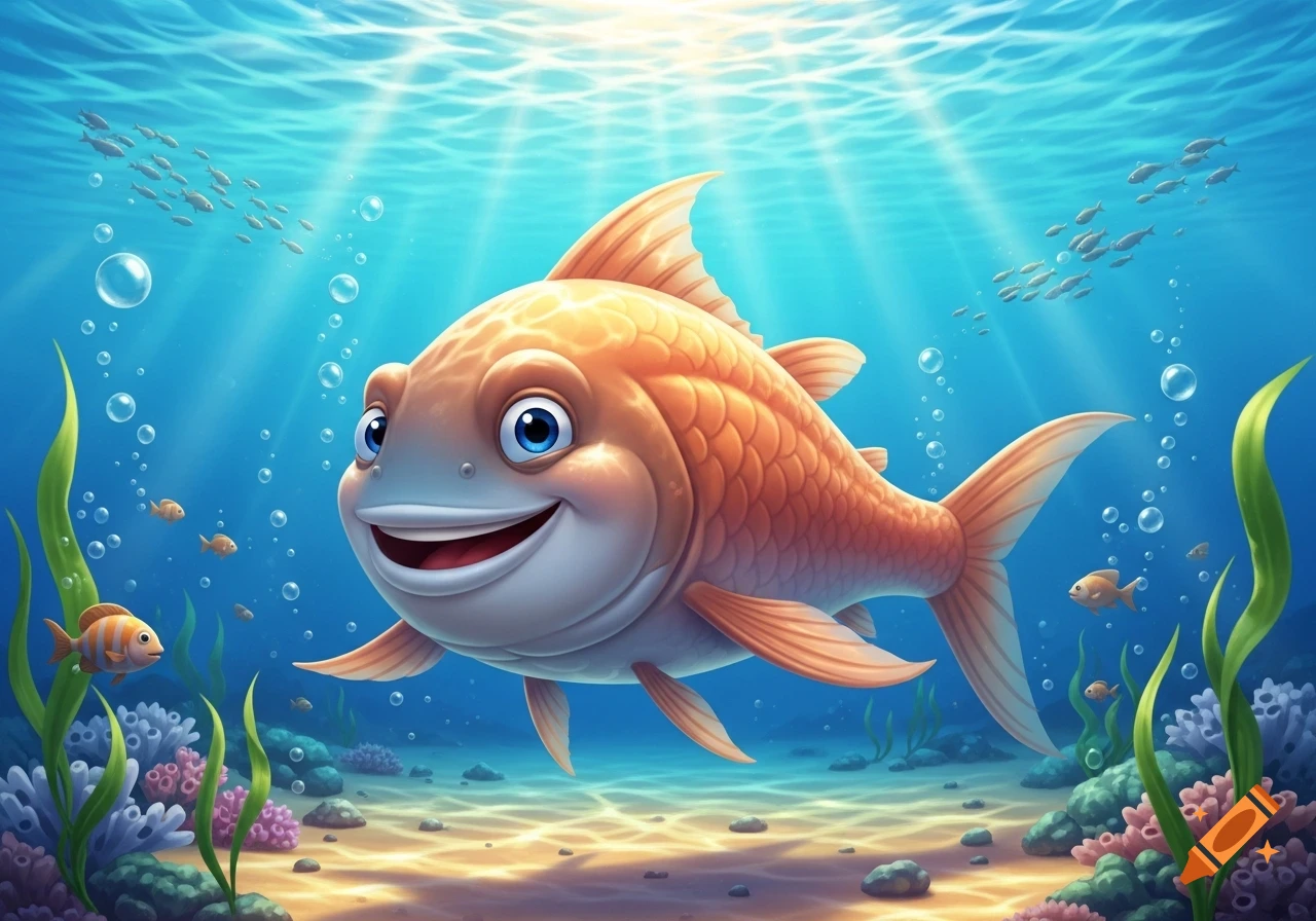 A cheerful, cartoon goldfish with blue eyes smiles while swimming underwater, surrounded by small fish, coral, and sunlight.