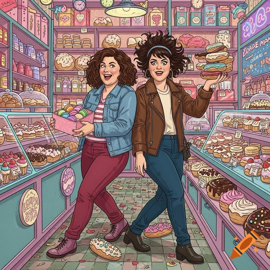 Cartoon illustration of two women, Abbi and Ilana, in a colorful pastry shop. One holds a box of macarons, the other a stack of eclairs, surrounded by shelves of desserts.