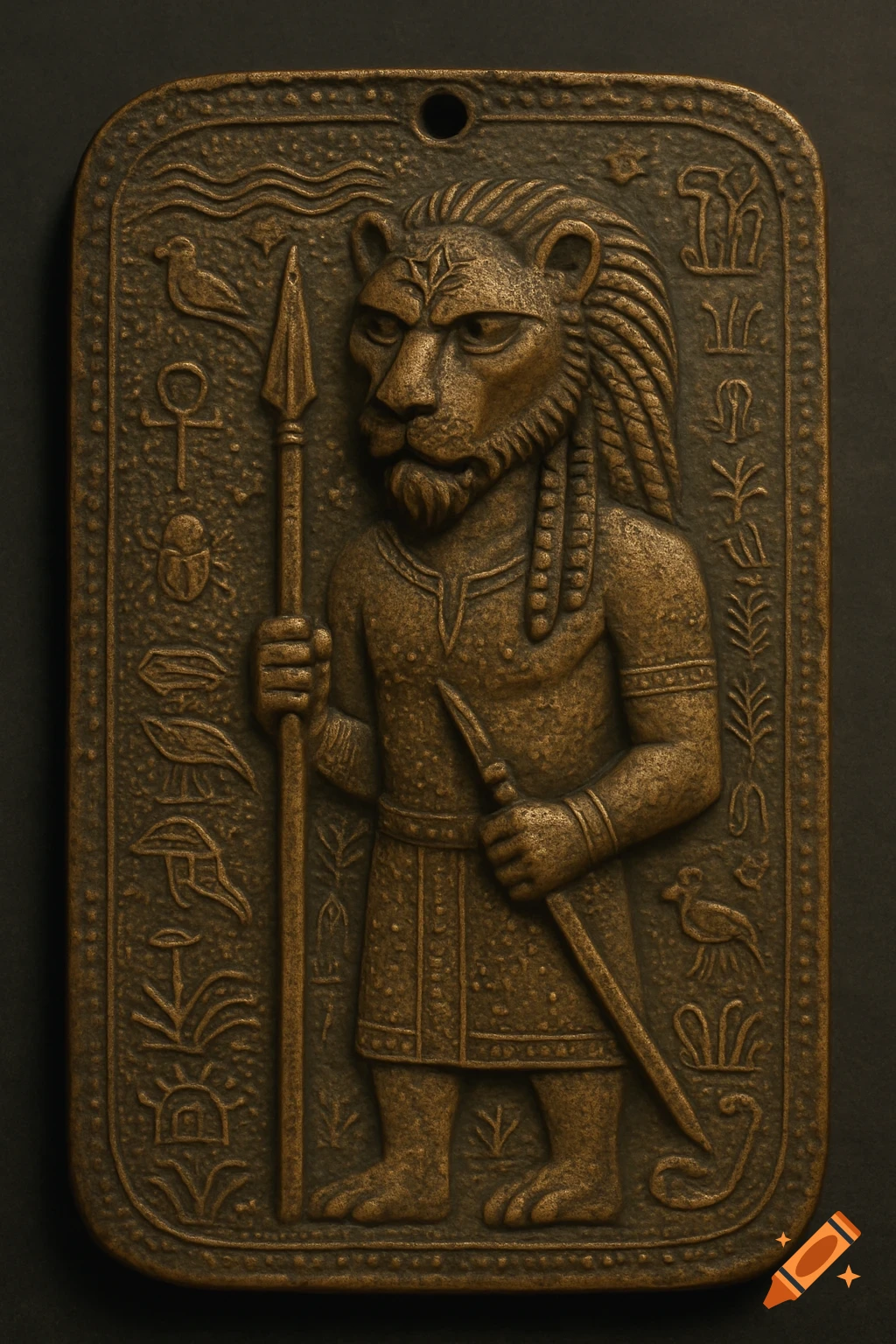 Bronze relief artifact of a standing lion-headed man holding a spear and dagger, adorned with ancient symbolic carvings.