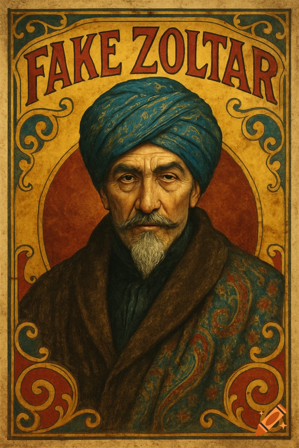 A vintage circus advertisement poster depicting an old man in a blue turban and brown cloak, with the text 'FAKE ZOLTAR' at the top.