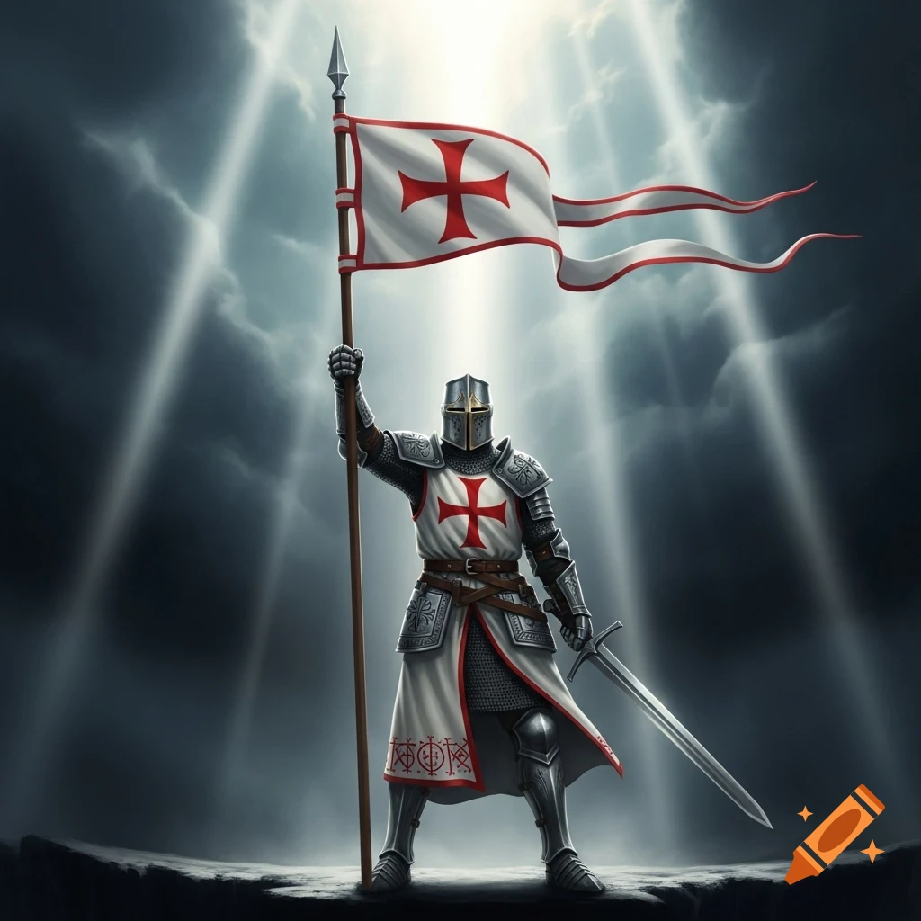 A heroic Templar Knight in full armor holds a flag with a red cross and a greatsword under dramatic light.