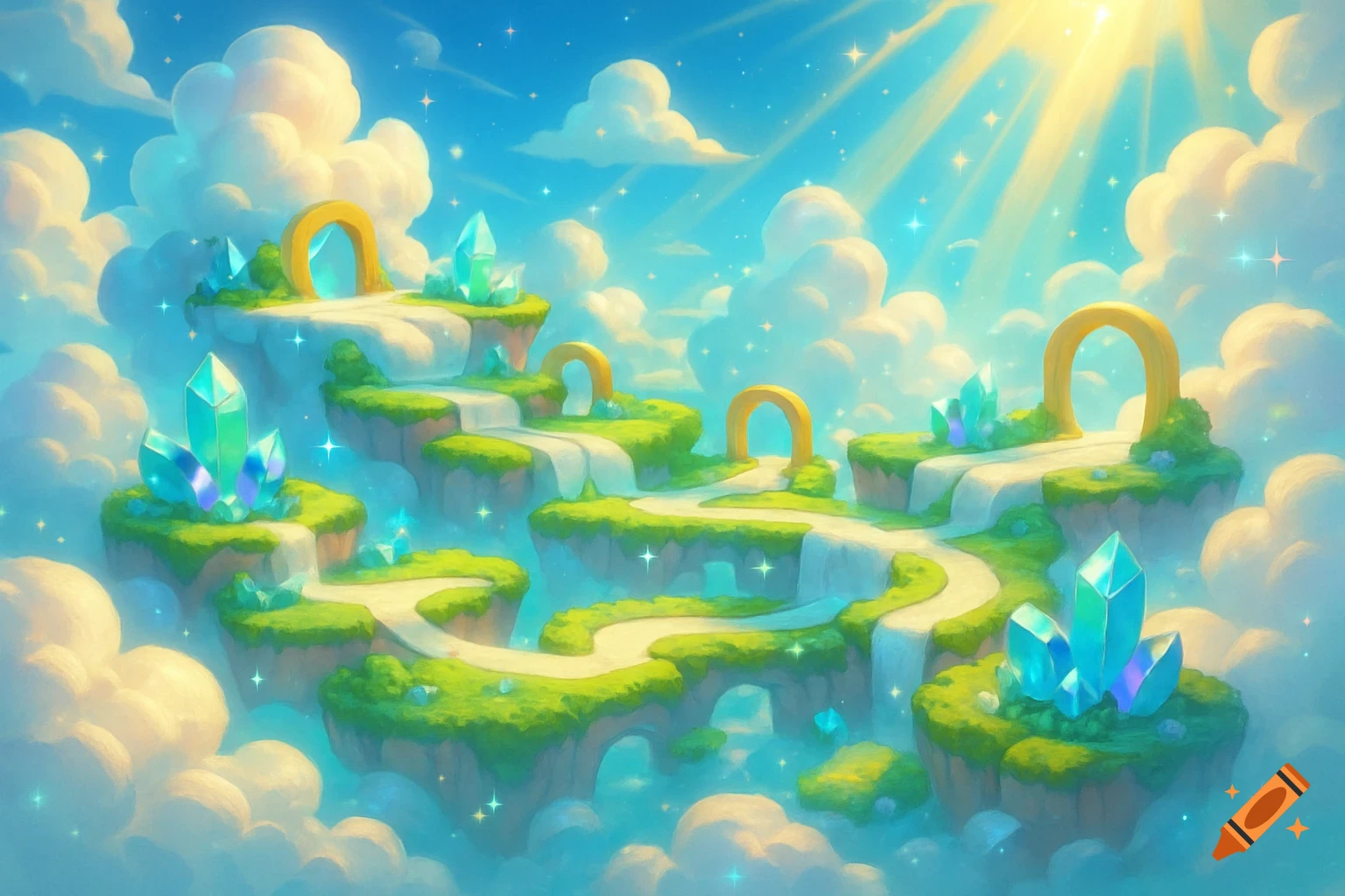 Whimsical cartoon landscape of floating islands with paths, golden arches, and glowing crystals under a sunny blue sky with fluffy clouds.