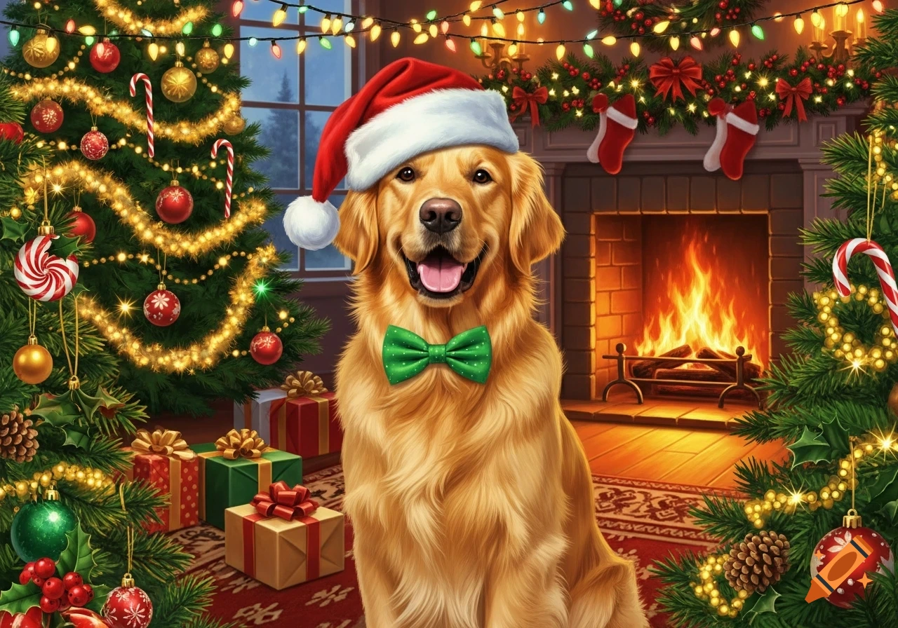 A happy golden retriever wearing a Santa hat and green bowtie, sitting in front of a fireplace and Christmas trees.