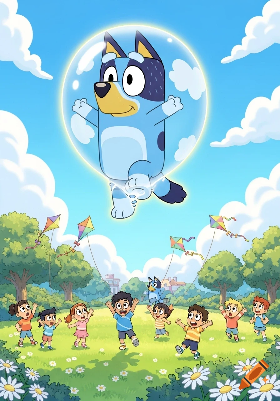 A cartoon Bluey, inflated like a balloon, floats above a sunny park where children play and colorful kites fly.