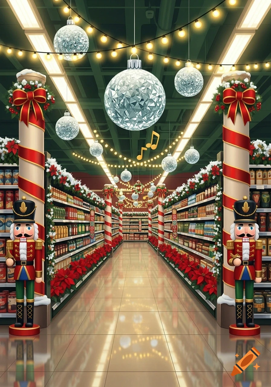 A supermarket aisle decorated for Christmas with nutcrackers, garlands, string lights, and disco ball ornaments.