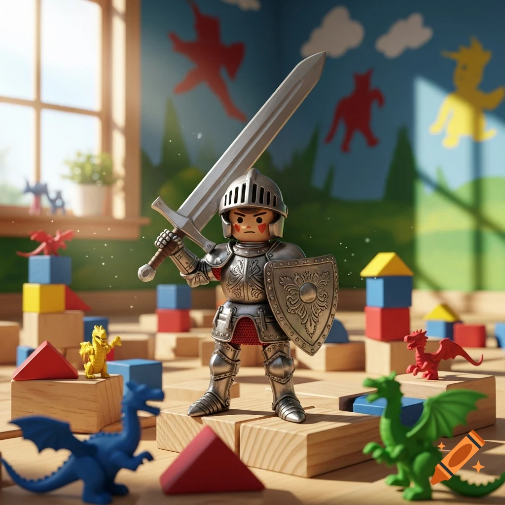 A toy knight with a broadsword and shield stands among colorful building blocks and toy dragons in a child's room.