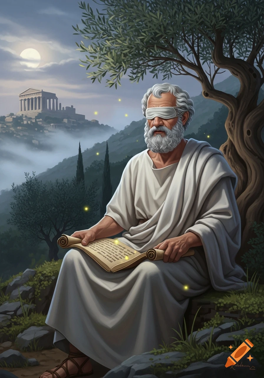 An old, blindfolded man in white ancient Greek robes holds an open scroll under an olive tree, with a classical temple on a misty hillside under a full moon in the background.