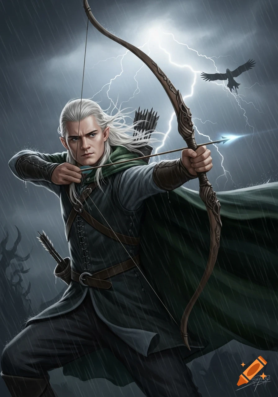 A fantasy elf archer, resembling Legolas, draws a glowing arrow during a dark, stormy night with lightning and rain.