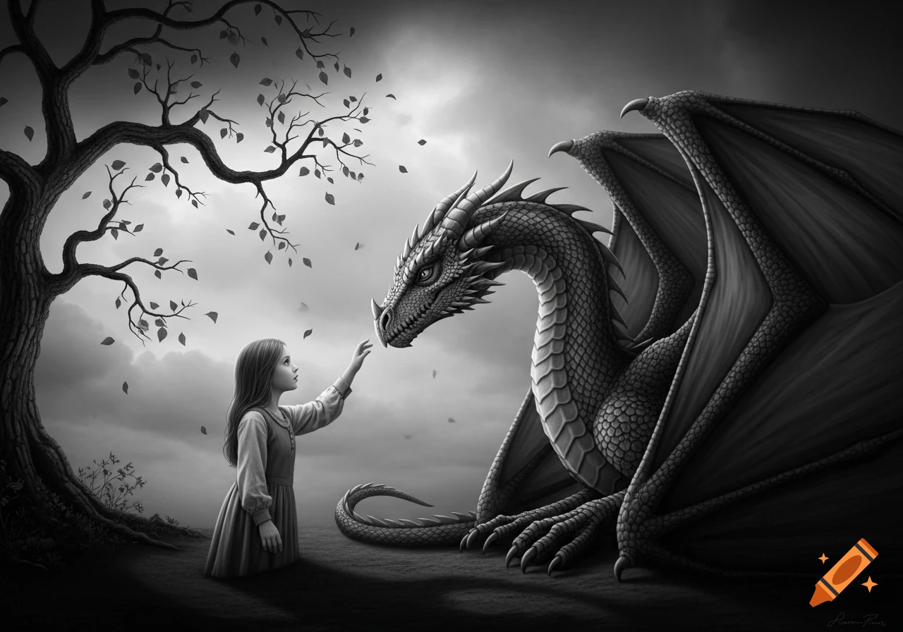 A young girl reaches out to touch a large dragon in a detailed black and white fantasy illustration with a tree and falling leaves.