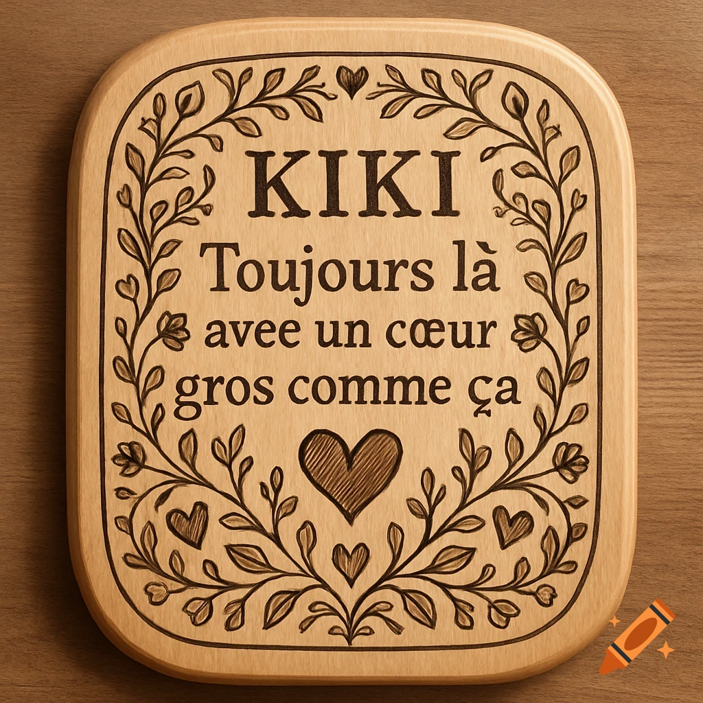 A rounded wooden plaque with engraved French text "KIKI Toujours l à avec un c oeur gros comme ça" and a floral-heart border.