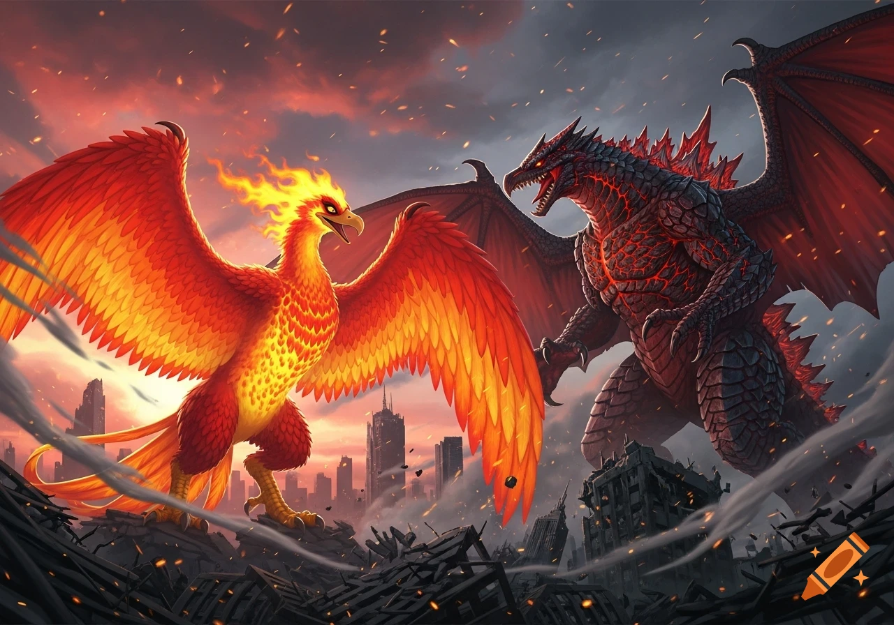 A fiery phoenix-like bird and a red-glowing, dragon-like kaiju face off in a destroyed city under an orange sky.
