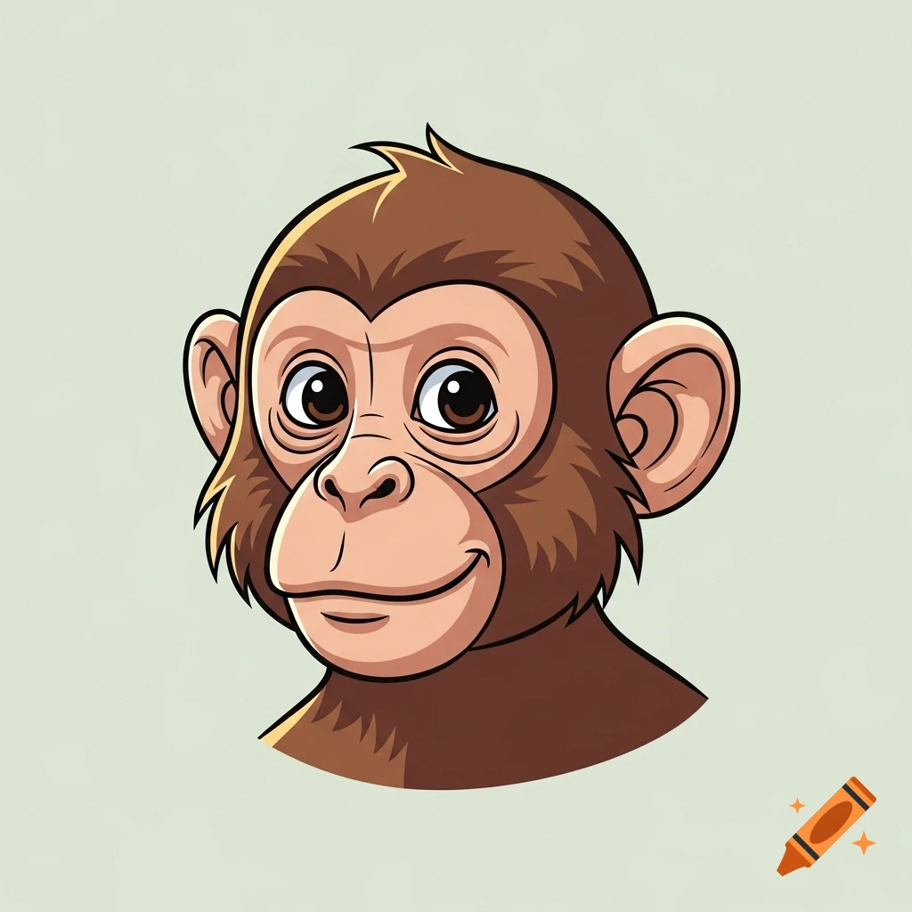 A friendly cartoon monkey portrait with a soft brown and tan face, looking forward on a plain background.